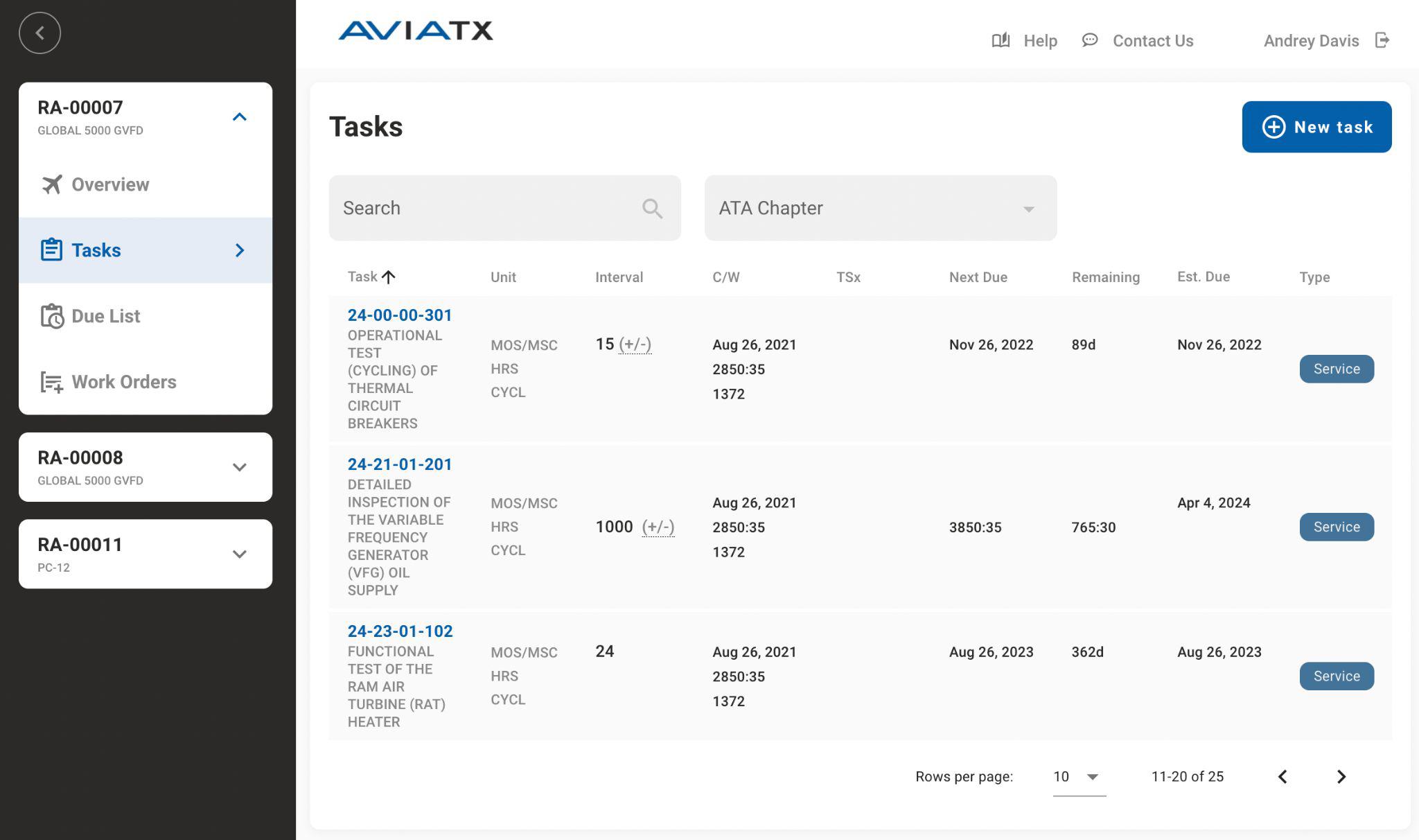 Изображение экрана tasks приложения aviatx